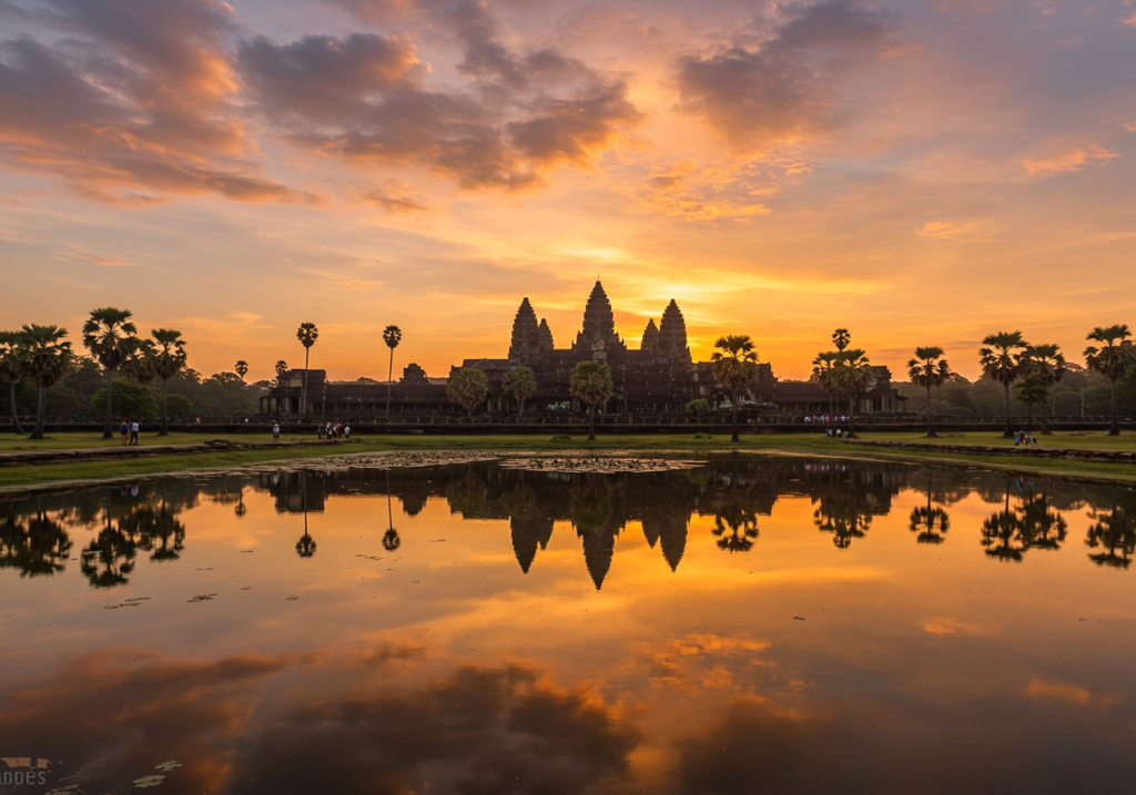 A panoramic, sunrise view of Angkor Wat reflecting in the water, with silhouetted palm trees and a few small figures of tourists. Photorealistic.