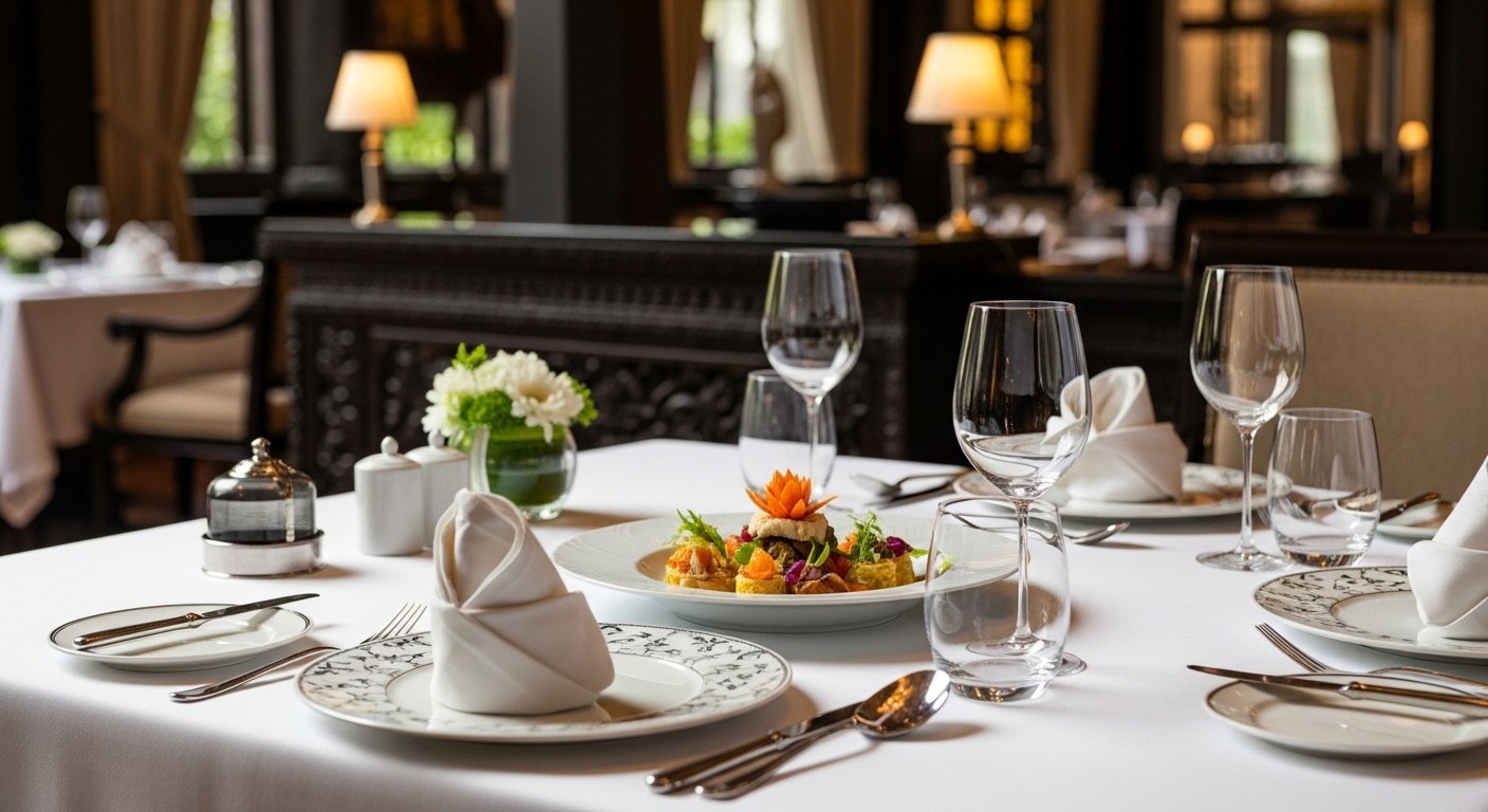 A beautifully presented Khmer Fine Dining dish in a sophisticated restaurant setting within a Siem Reap luxury hotel experience, with elegant table settings and soft lighting.