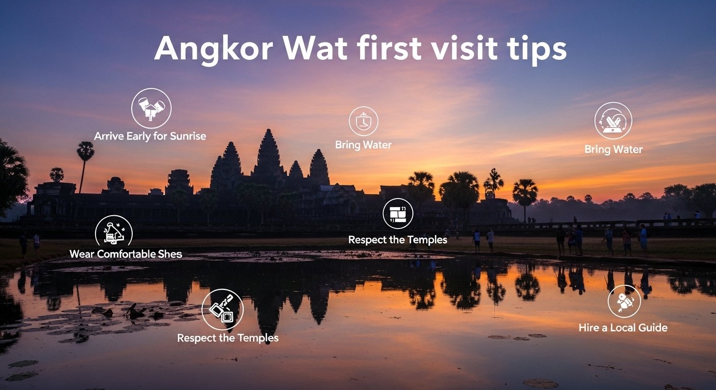 A breathtaking Angkor Wat sunrise with silhouetted temples and a few early morning visitors, showcasing Angkor Wat first visit tips, photorealistic.