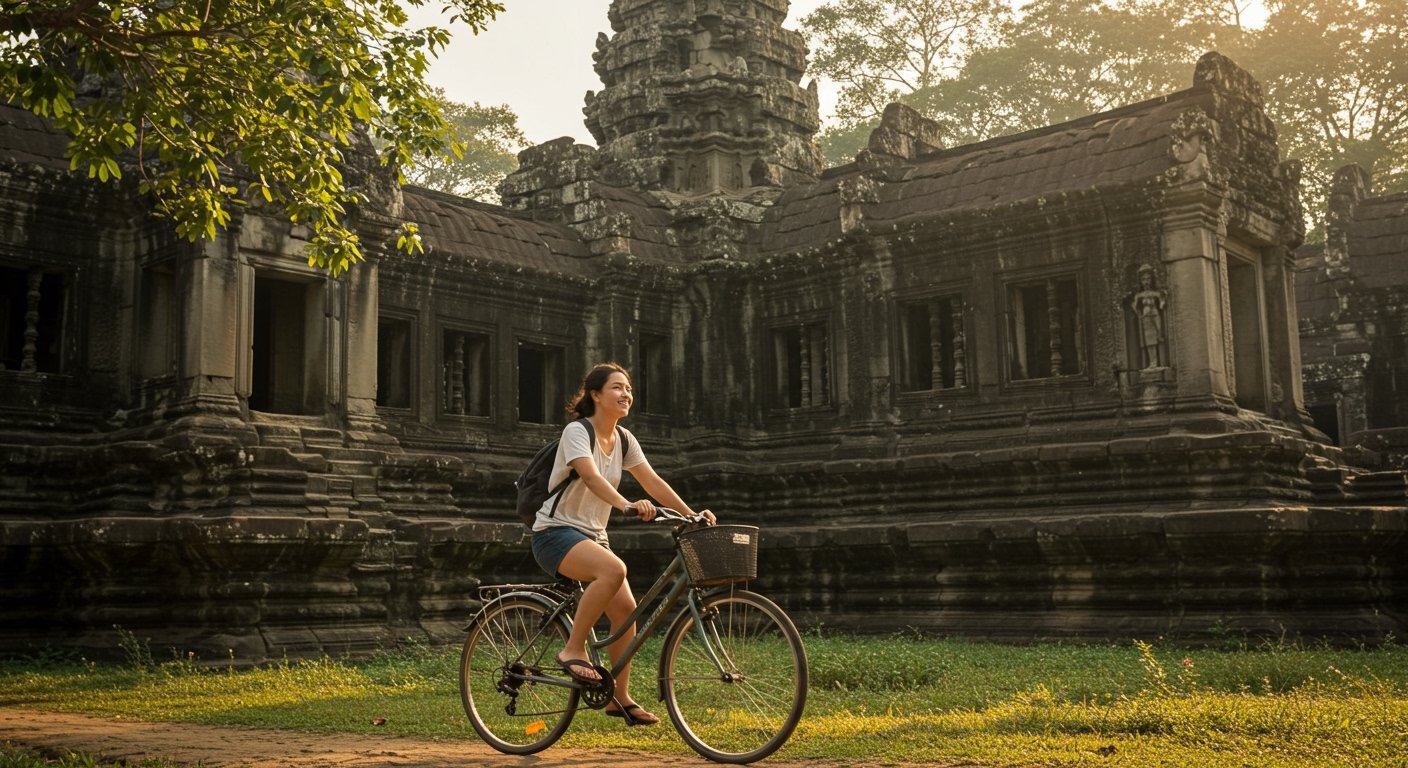 A budget traveler riding a rented bicycle past a lesser-known temple in Angkor Wat, showcasing cheap transport options while exploring Angkor Wat on a budget.