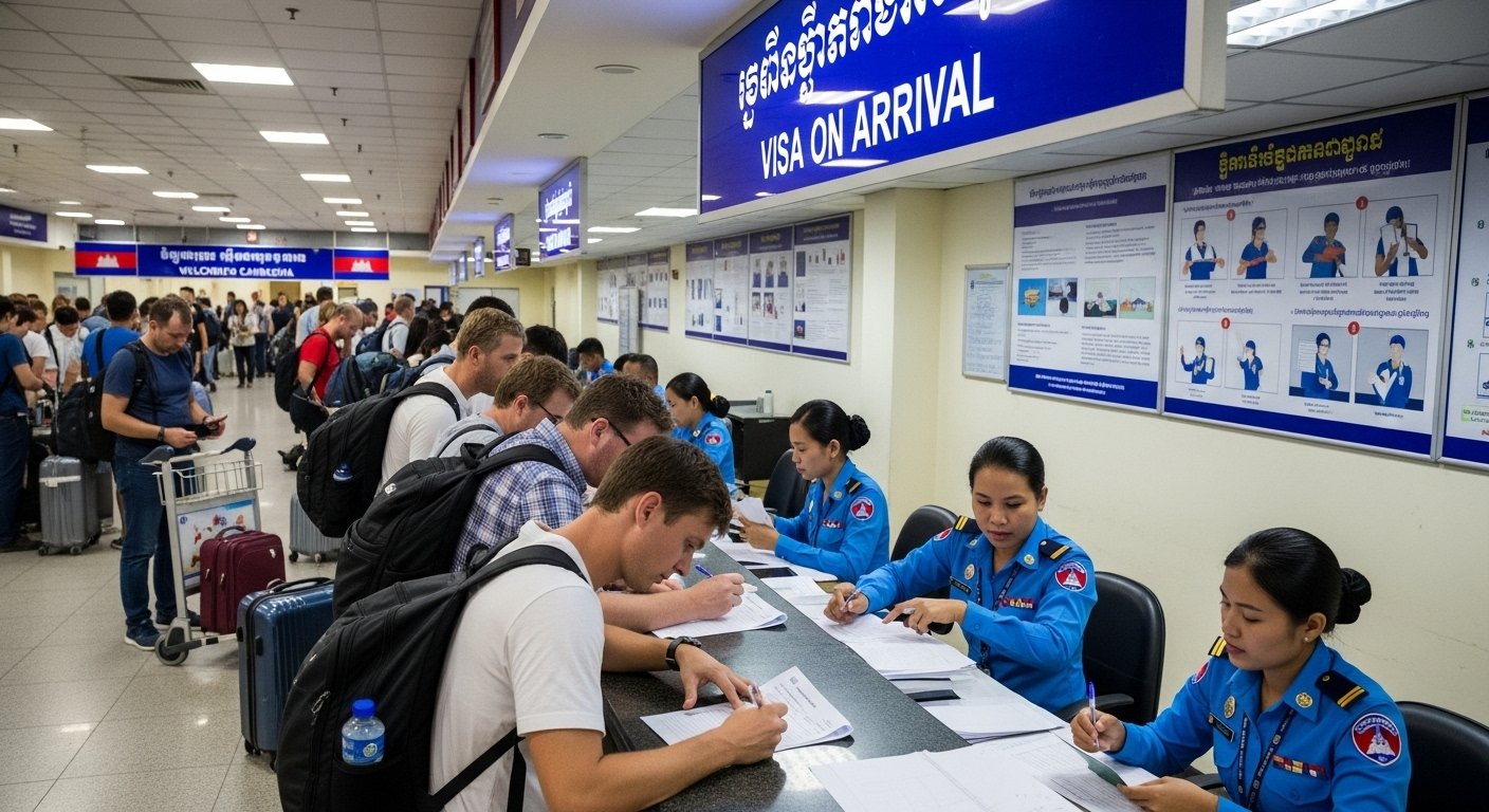 A bustling scene at a Cambodian airport immigration counter, with tourists filling out forms for a visa on arrival. The setting highlights the process of how to get Cambodia visa at the port of entry.