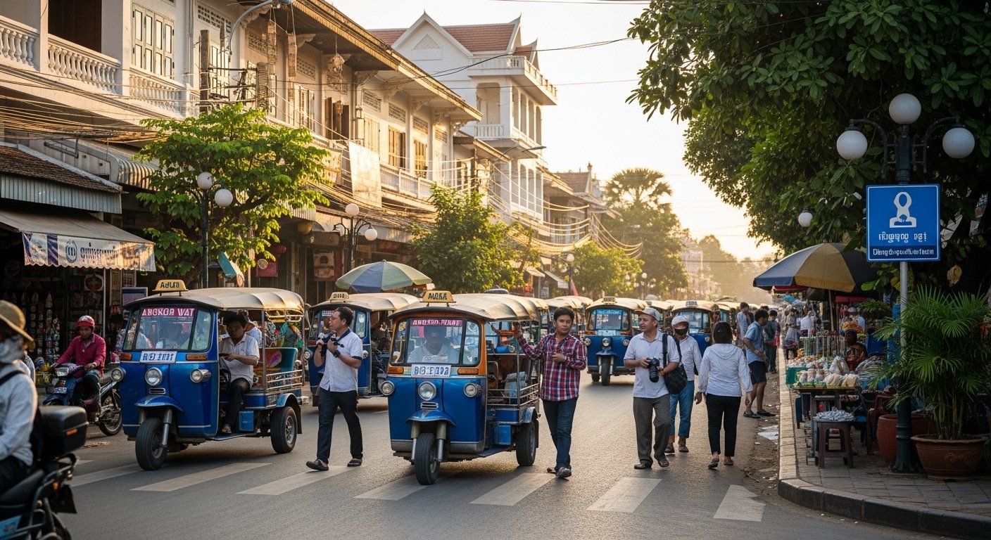 A bustling street in Siem Reap with tuk-tuks, indicating the accessibility and local culture around the Angkor Wat travel destination.