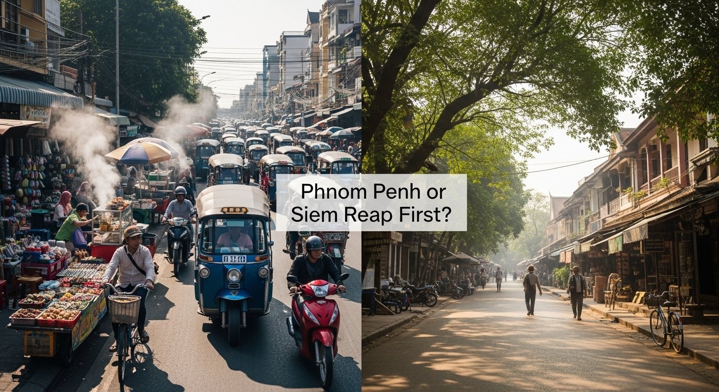 A busy street scene in Phnom Penh with tuk-tuks, street food vendors, and local markets, contrasted with a peaceful scene in Siem Reap, perhaps a quiet street near the river or a market, illustrating the different vibes and helping travelers decide 'Phnom Penh or Siem Reap first'. Photorealistic, daytime.