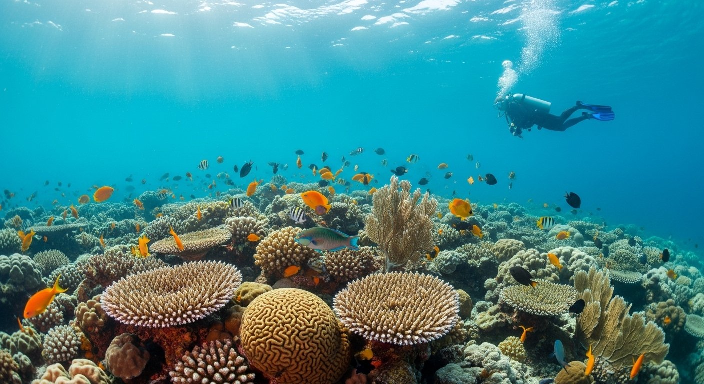 A clear image of vibrant coral reefs and diverse fish species underwater in Koh Rong Samloem, emphasizing the beauty of the marine ecosystem and responsible diving practices, suitable for a Koh Rong Samloem travel guide.