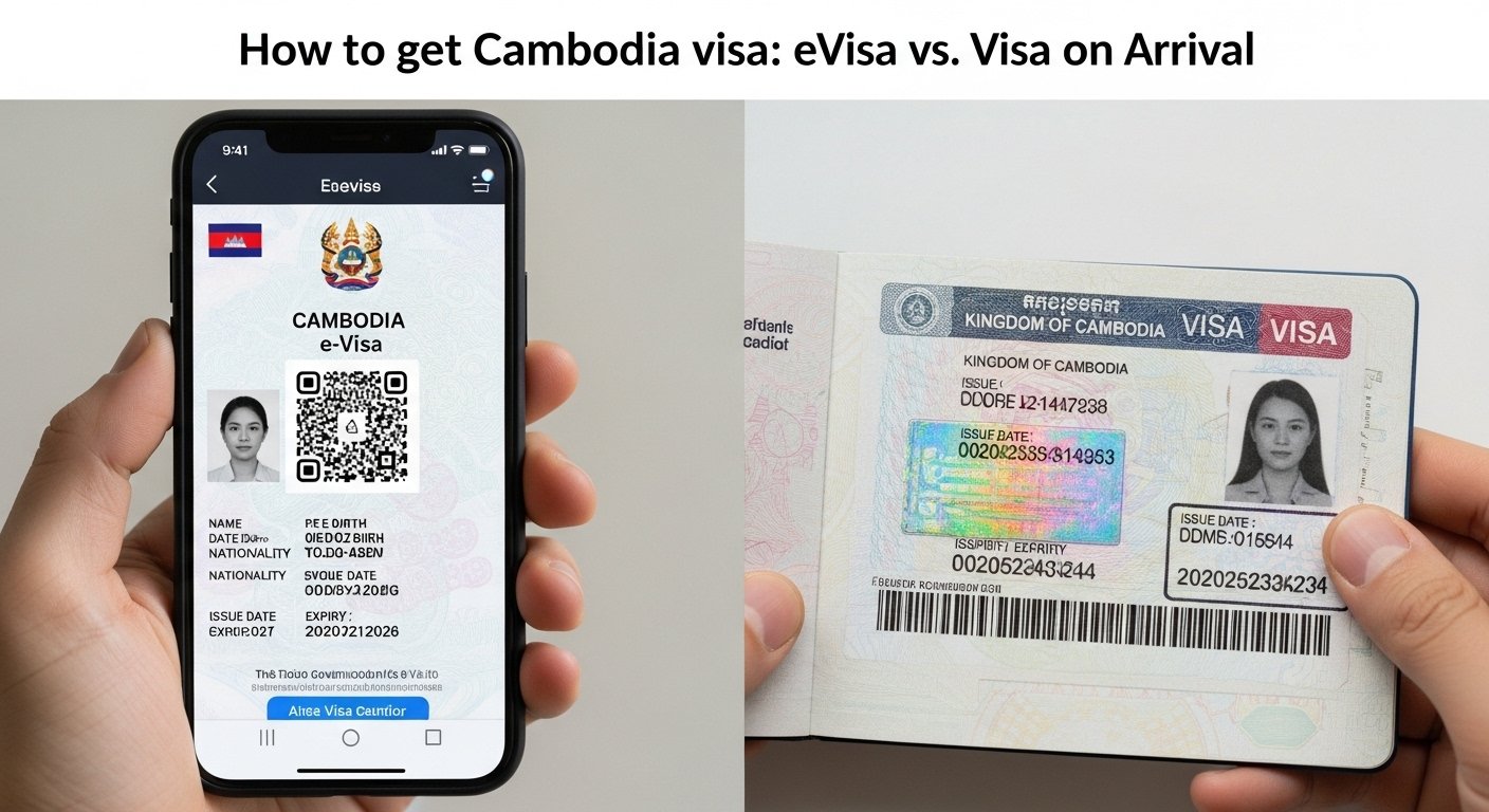 A clear, side-by-side comparison image illustrating the differences between a digital Cambodia e-visa on a smartphone screen and a physical visa sticker inside a passport, with the text 'How to get Cambodia visa: eVisa vs. Visa on Arrival'.