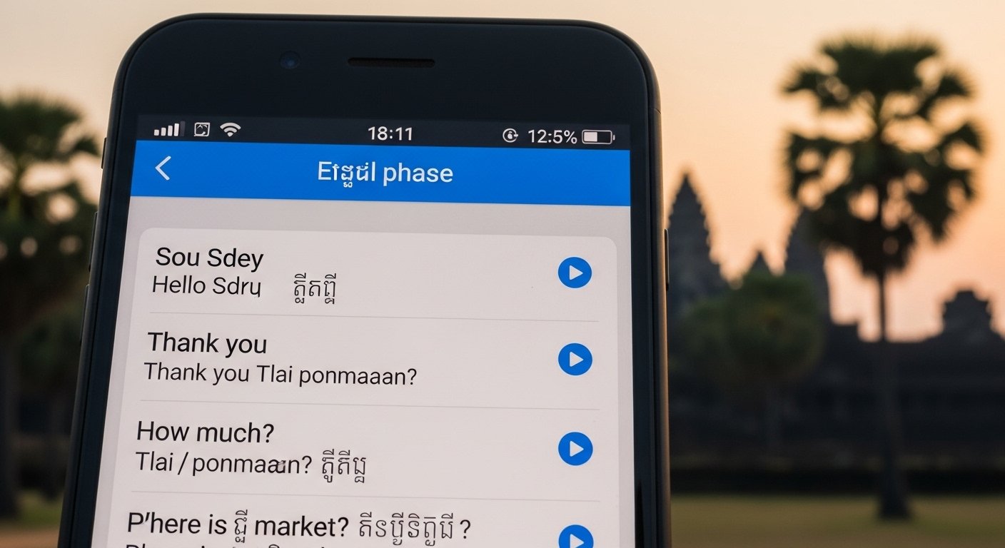 A close-up of a language learning app on a smartphone, showing essential Khmer phrases for tourists and pronunciation guides, with a blurred background of Cambodian scenery.