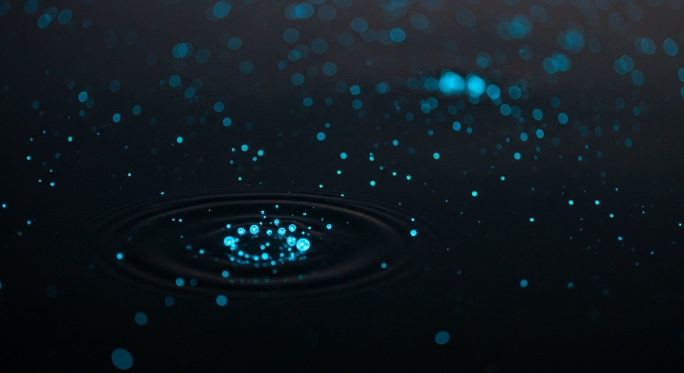 A close-up of glowing bioluminescent plankton in the dark ocean waters around Koh Rong Samloem at night, a stunning natural phenomenon highlighted in a Koh Rong Samloem travel guide.