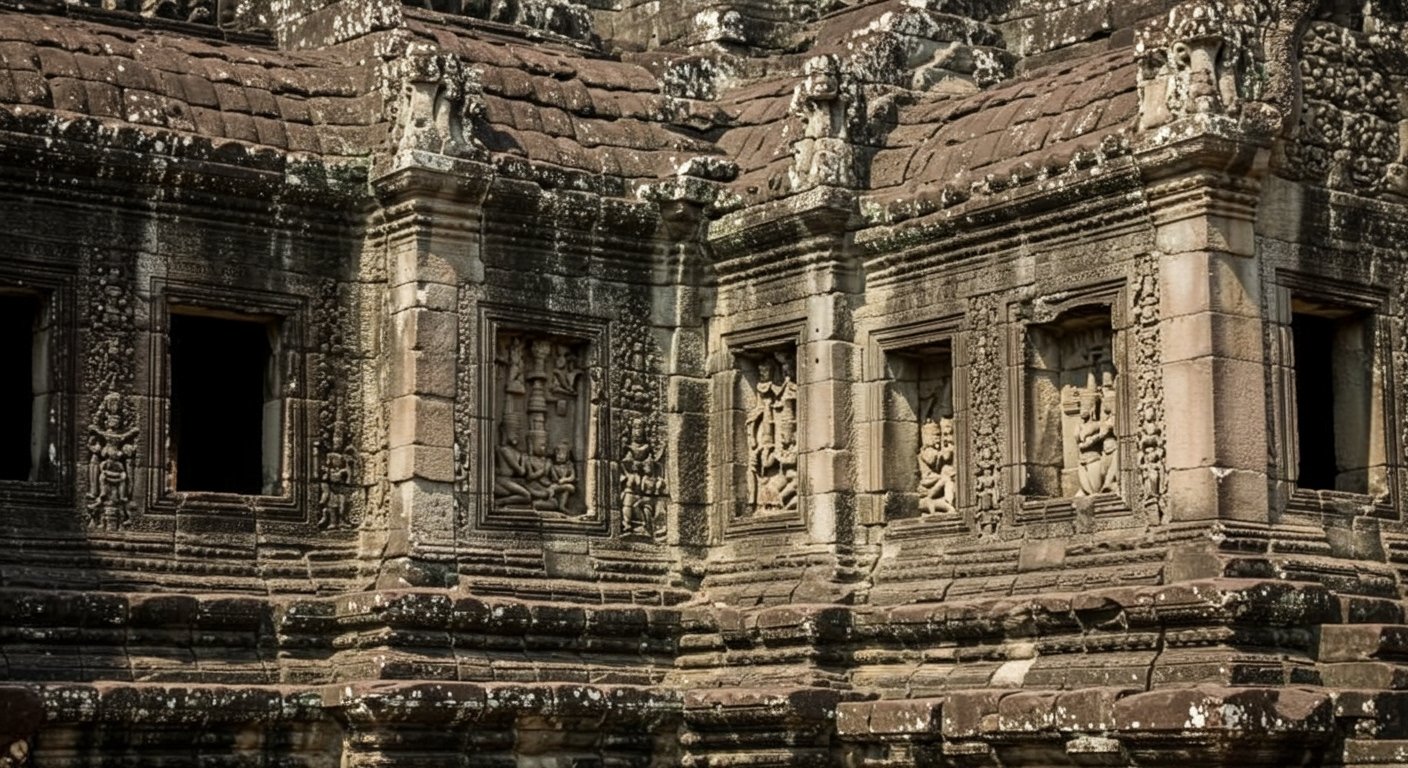 A close-up of intricate bas-relief carvings at Angkor Wat during midday, showcasing details and expert Angkor Wat photography tips.