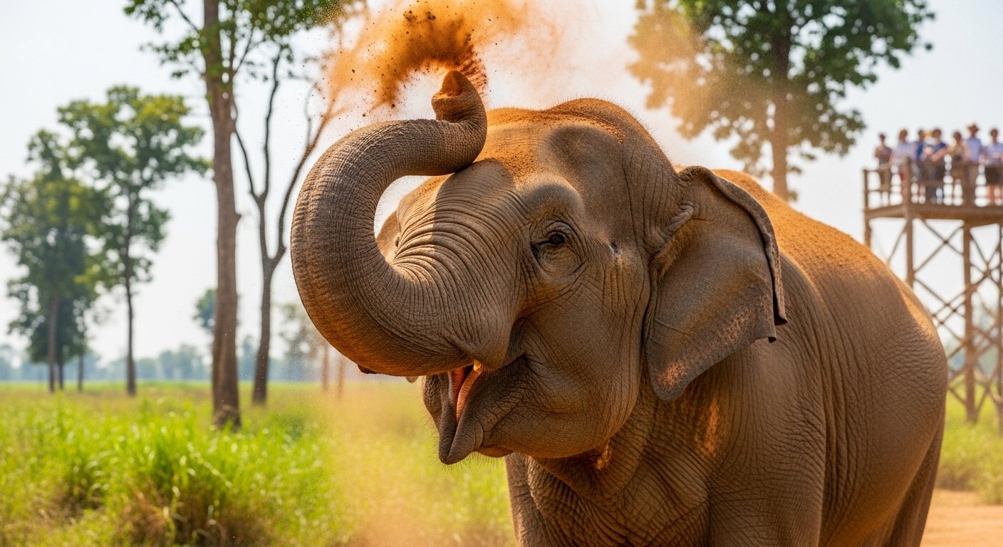 A close-up, photorealistic image of an Asian elephant happily dust bathing in a spacious, natural enclosure at an Ethical Elephant Sanctuaries Cambodia, observed by respectful tourists from a distance.