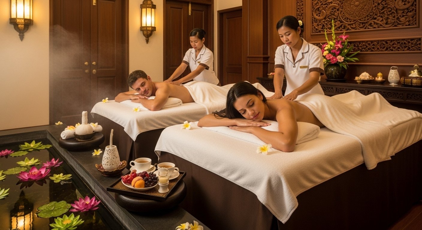 A couple enjoying a luxurious couples massage in a beautifully decorated treatment room at a Siem Reap 5-star spa, showcasing the serene and opulent atmosphere. Siem Reap 5-star spa review.