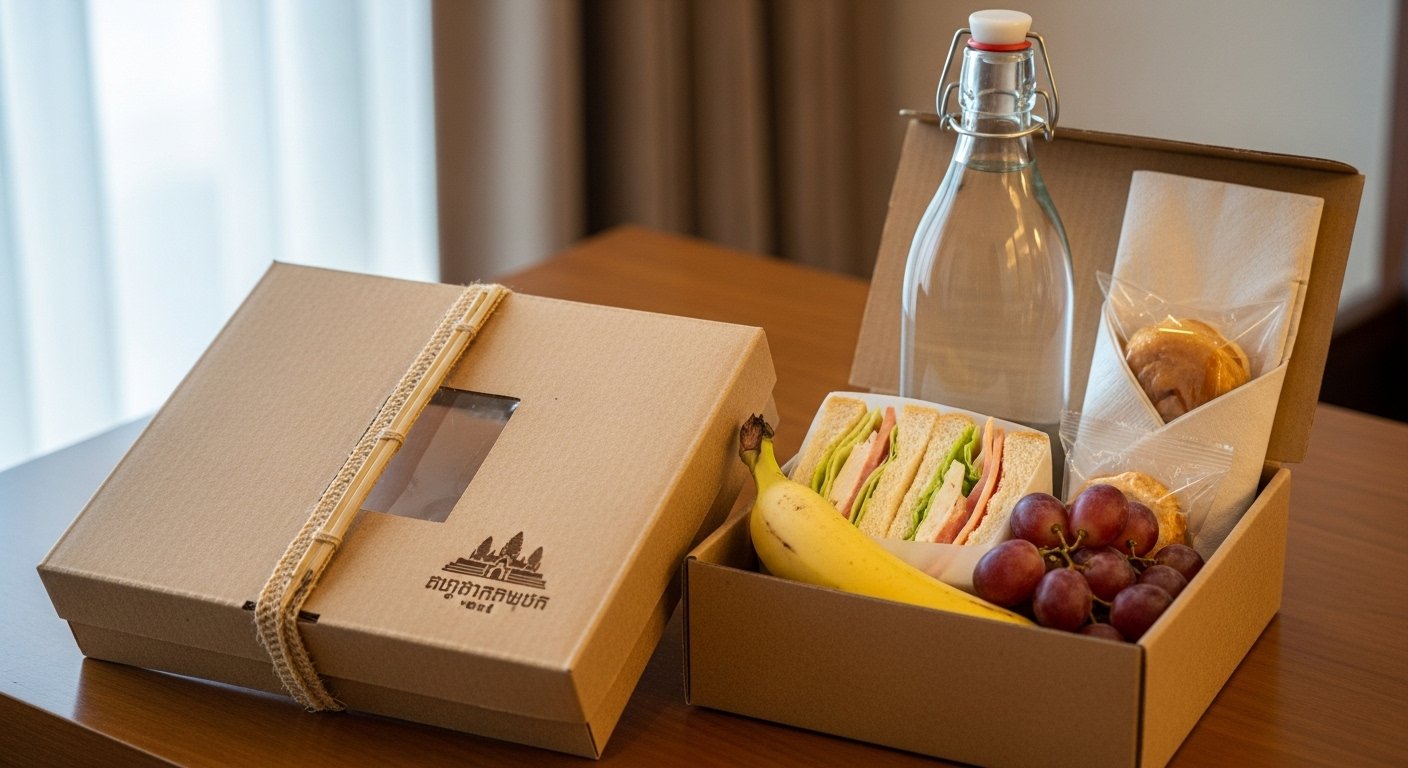 A fresh, packed sandwich, fruit, and water, representing the convenient Hotels near Angkor Wat early breakfast options perfect for your sunrise tour.