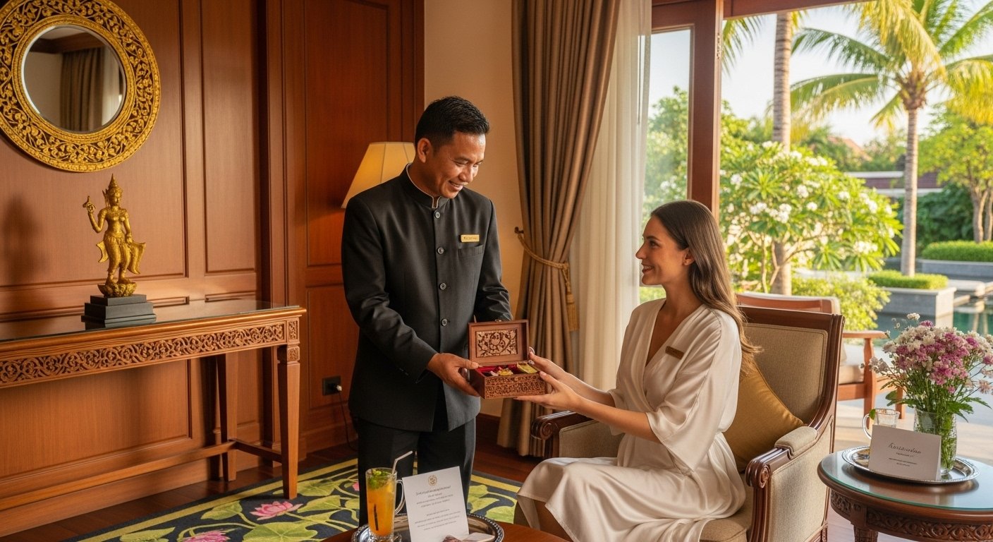 A friendly hotel butler providing personalized service to a guest in a beautifully appointed suite, showcasing a high-end Siem Reap luxury hotel experience with traditional Khmer accents.