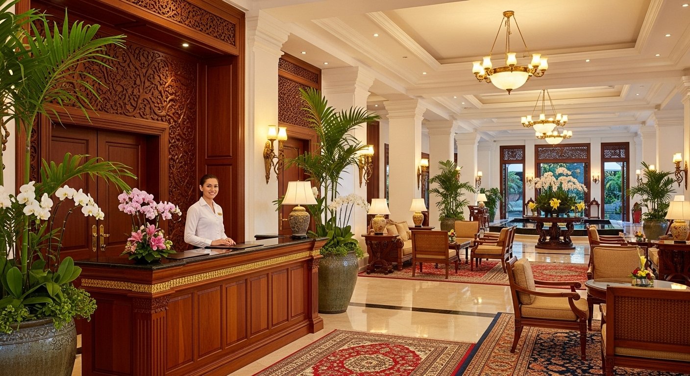 A grand, inviting lobby of a Siem Reap luxury hotel experience, with elegant Khmer-inspired decor, a smiling concierge, and lush tropical plants. The lighting is warm and welcoming.