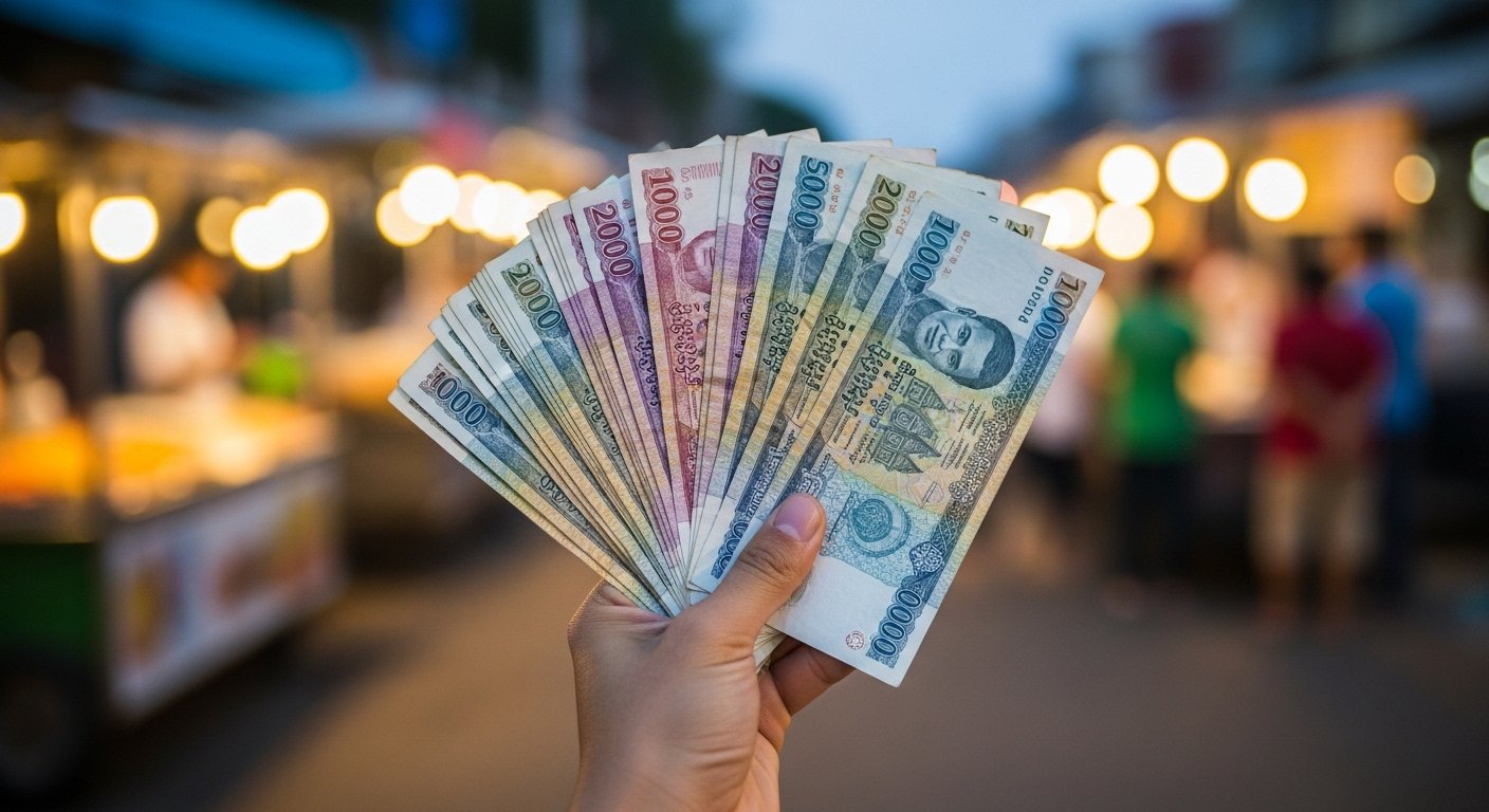A hand holding a mix of small denomination Cambodian Riel notes, with a blurred background of a street food stall, illustrating the use of Cambodian currency for tourists in small transactions. Photorealistic.