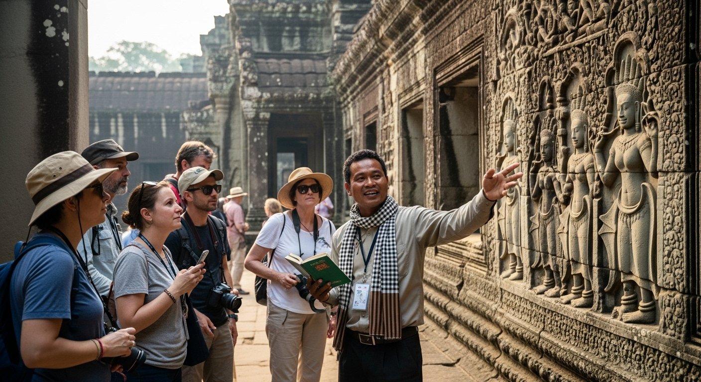 A knowledgeable local guide explaining the history of a bas-relief to a small group of tourists at Angkor Wat, illustrating Angkor Wat first visit tips, photorealistic.