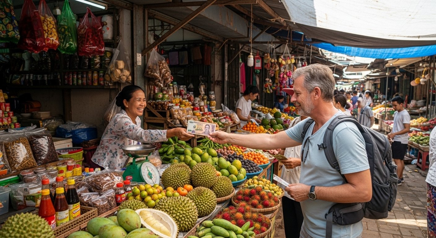 A local Cambodian market stall with various goods for sale, and a tourist paying with Cambodian Riel notes, demonstrating the practical use of Cambodian currency for tourists in everyday transactions. Photorealistic.