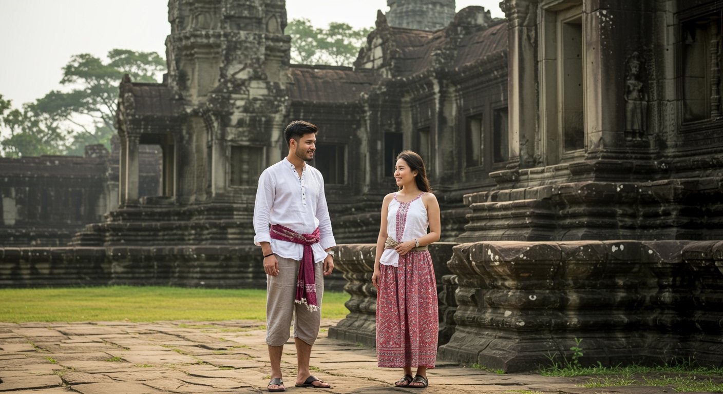 A man and a woman dressed appropriately for Angkor Wat, covering their shoulders and knees, standing respectfully near a temple structure. The image should convey the Angkor Wat dress code.