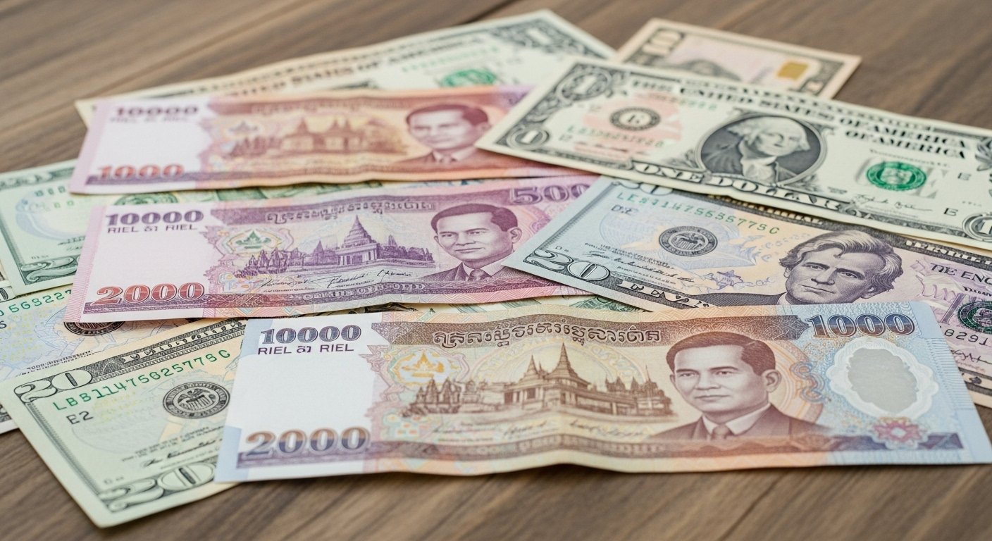 A mix of Cambodian Riel banknotes and US Dollar bills on a wooden table, illustrating Cambodian currency for tourists. Focus on different denominations and the dual currency concept. Photorealistic.