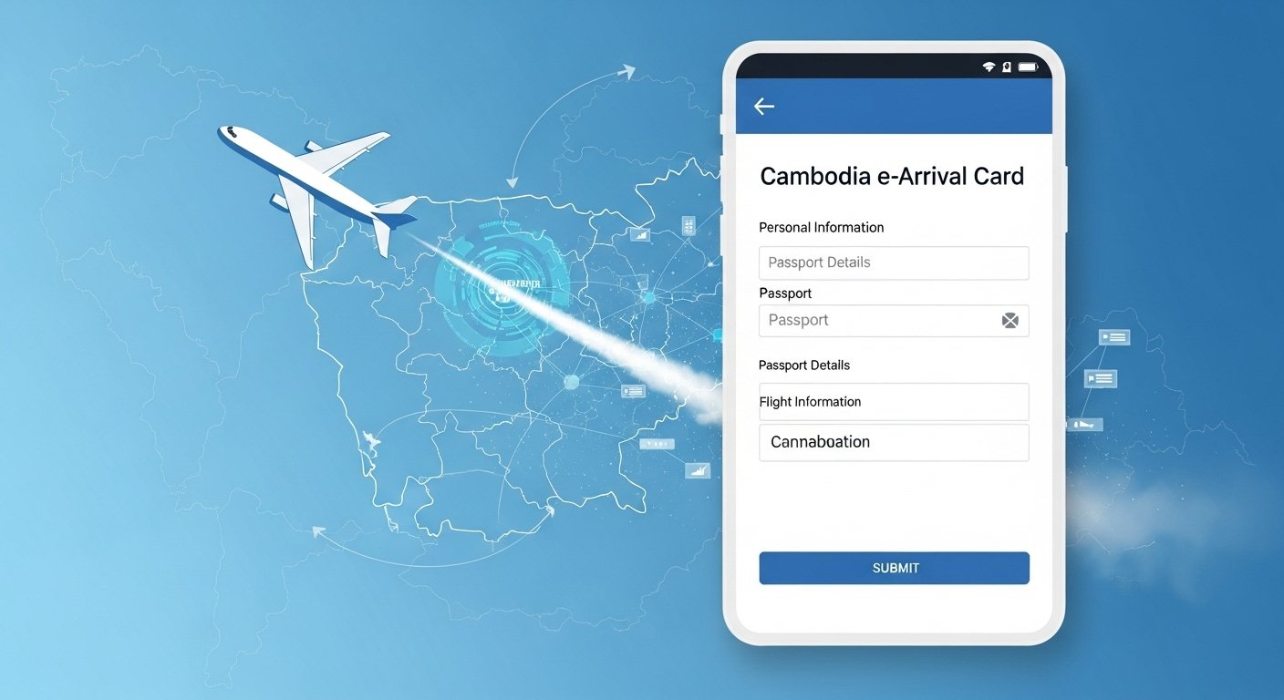 A modern graphic depicting a smartphone or tablet screen showing the Cambodia e-Arrival Card interface, with a plane flying in the background, symbolizing ease of entry. The image focuses on how to get Cambodia visa and related digital processes.