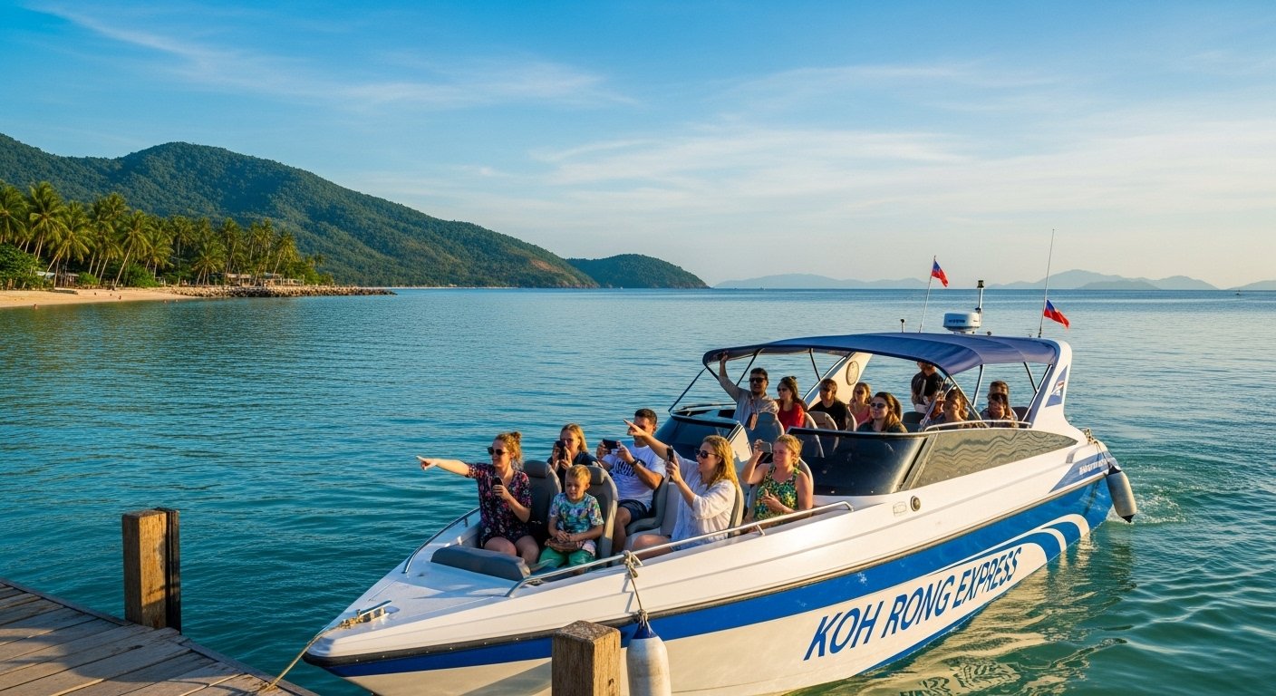 A modern speedboat departing from a pier in Sihanoukville, heading towards the open ocean, with passengers excited about their Koh Rong Samloem travel guide adventure.