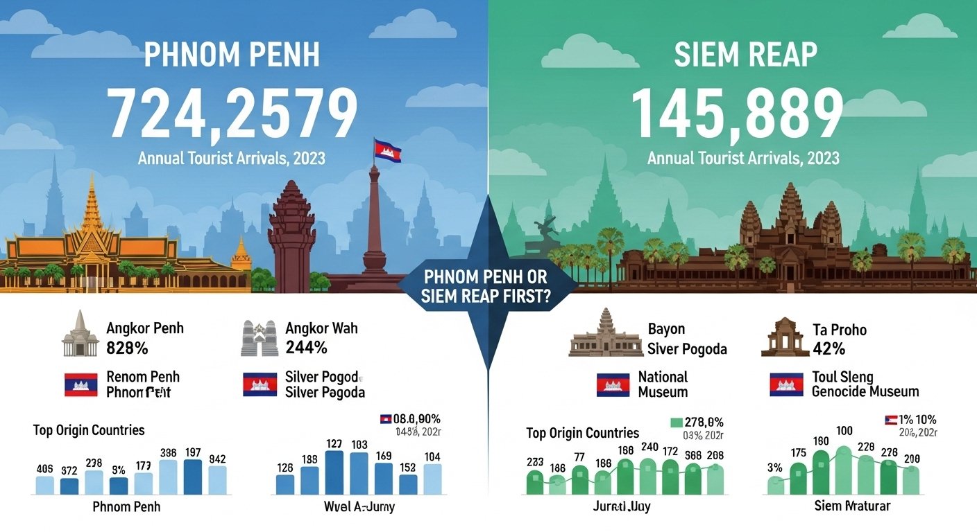 A modern, vibrant graphic illustrating the tourist arrival statistics for Phnom Penh and Siem Reap, with icons representing key attractions like Angkor Wat and the Royal Palace, contextualizing the 'Phnom Penh or Siem Reap first' decision with data. Infographic style, photorealistic.