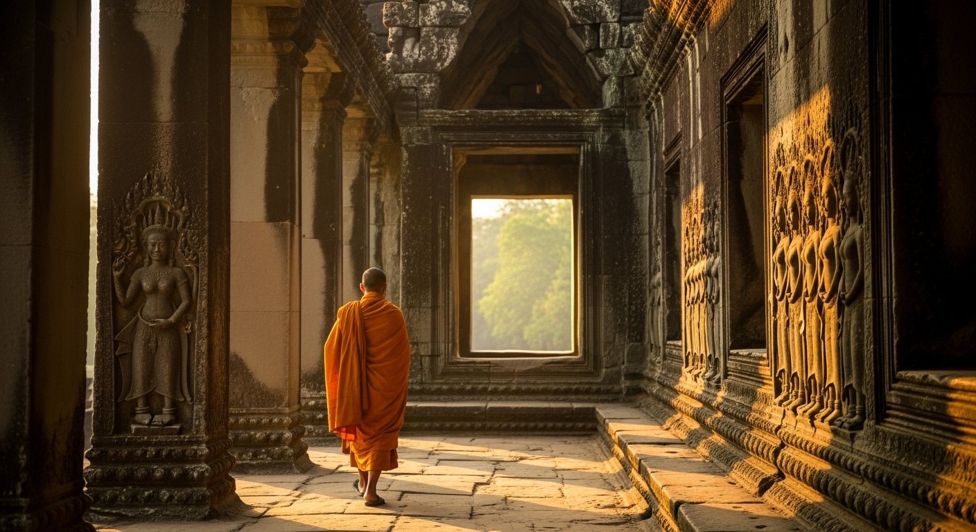 A monk in saffron robes walking through the ancient, sun-dappled corridors, showcasing the spiritual essence of Angkor Wat travel destination.