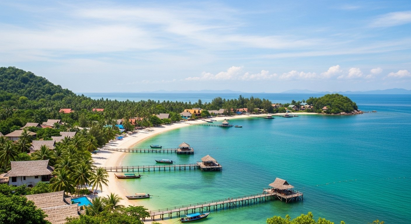 A panoramic view of Saracen Bay Koh Rong Samloem, showcasing white sandy beaches, clear blue water, and several resorts nestled amidst palm trees, ideal for a Koh Rong Samloem travel guide.