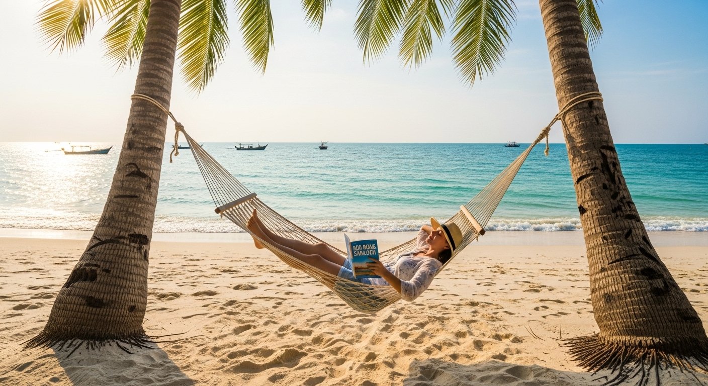 A person relaxing on a hammock strung between palm trees on a stunning Koh Rong Samloem beach, overlooking the clear ocean, embodying the spirit of a Koh Rong Samloem travel guide.