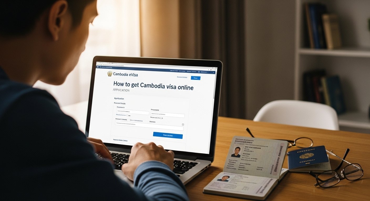 A person sitting at a laptop, clearly focused on an online Cambodia eVisa application form with a passport open beside them. The screen shows the eVisa Cambodia official site, demonstrating how to get Cambodia visa online.