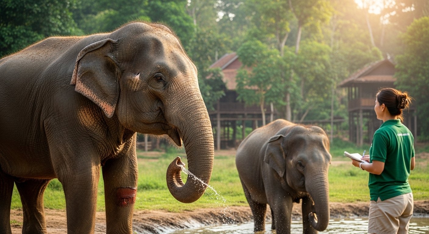 A powerful and empathetic image depicting a rescued elephant with signs of past trauma, now finding peace and care at an Ethical Elephant Sanctuaries Cambodia. The elephant is being gently observed by compassionate sanctuary staff from a distance, conveying a message of hope and healing.