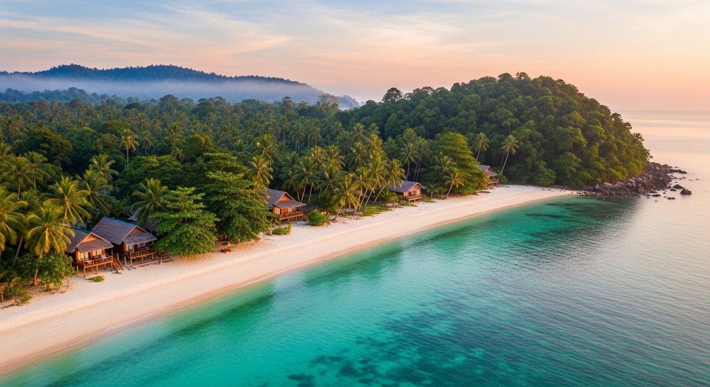 A pristine white sand beach on Koh Rong Samloem with clear turquoise waters, lush green jungle in the background, and a few wooden bungalows. The image should convey a sense of peaceful relaxation. This image is part of an ultimate Koh Rong Samloem travel guide.