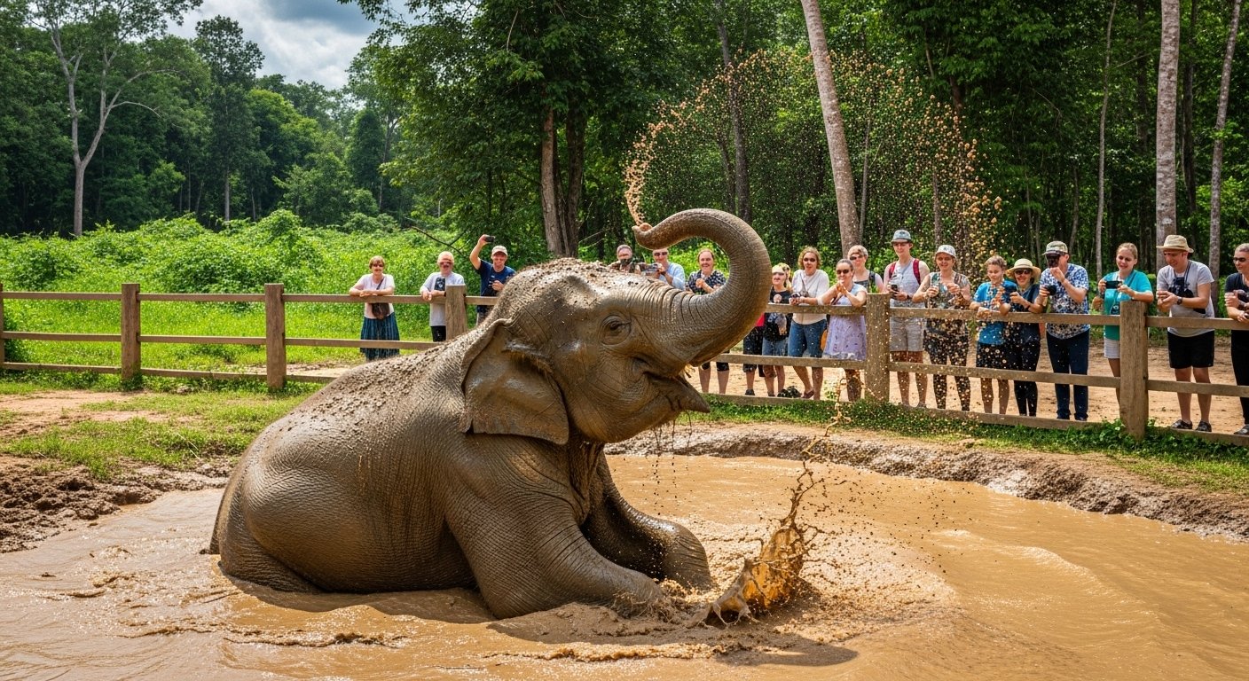 A rescued elephant happily taking a mud bath in a large, natural enclosure at Kulen Elephant Forest, an Ethical Elephant Sanctuaries Cambodia, with tourists watching from a designated viewing area.