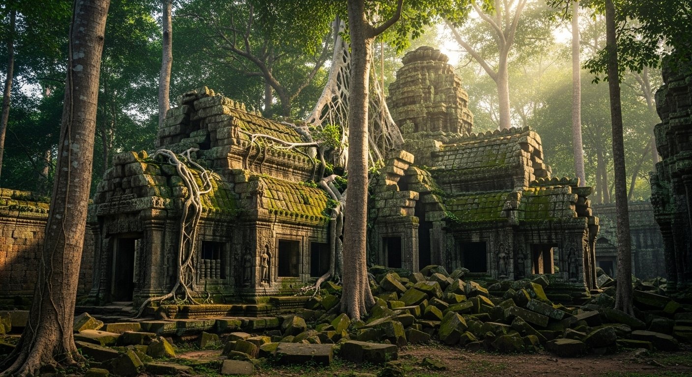 A serene and quiet ancient temple ruin in the jungle, with soft morning light filtering through trees, evoking the feeling of Angkor Wat off the beaten path.