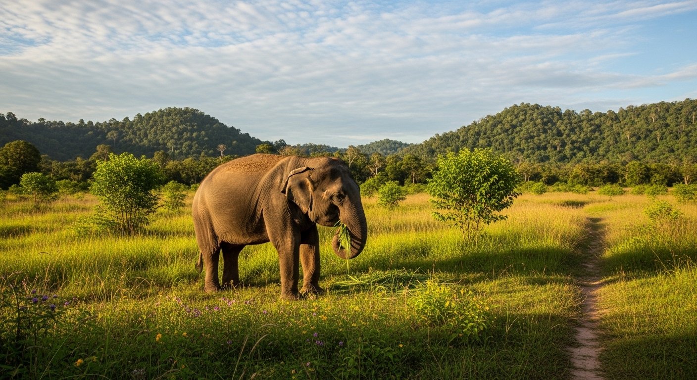 A serene, photorealistic image of a rescued elephant grazing peacefully in a verdant field at the Elephant Valley Project, an Ethical Elephant Sanctuaries Cambodia, with lush hills in the background.