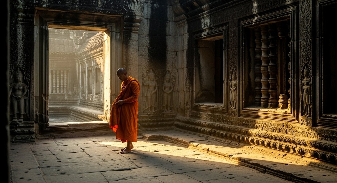A serene scene inside an Angkor Wat temple, with a Buddhist monk walking respectfully, highlighting the importance of cultural etiquette for Angkor Wat first visit tips, photorealistic.