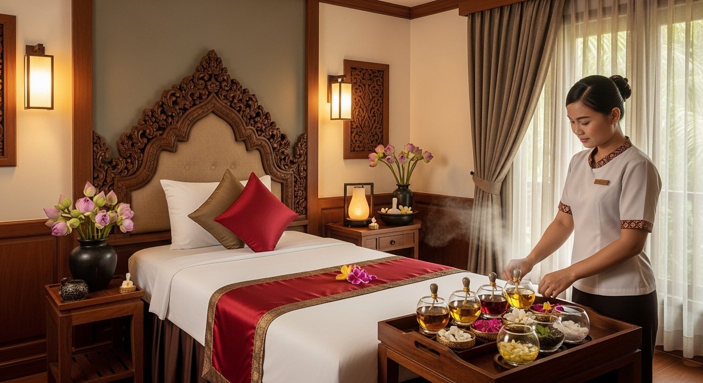 A serene spa treatment room in a Siem Reap luxury hotel experience, with soft lighting, traditional Cambodian decor, and a professional therapist preparing for a Signature Spa Treatment.