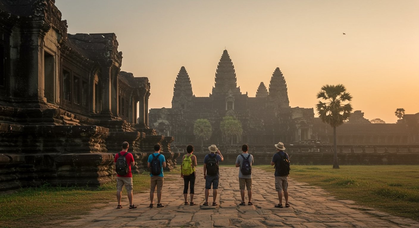 A serene sunrise over Angkor Wat, with a small group of budget travelers observing from a distance, highlighting how to explore Angkor Wat on a budget.