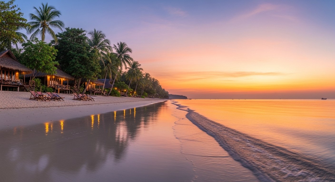 A serene view of Lazy Beach Koh Rong Samloem at sunset, with a few beach bungalows and the calm ocean reflecting the colorful sky, perfect for a Koh Rong Samloem travel guide.