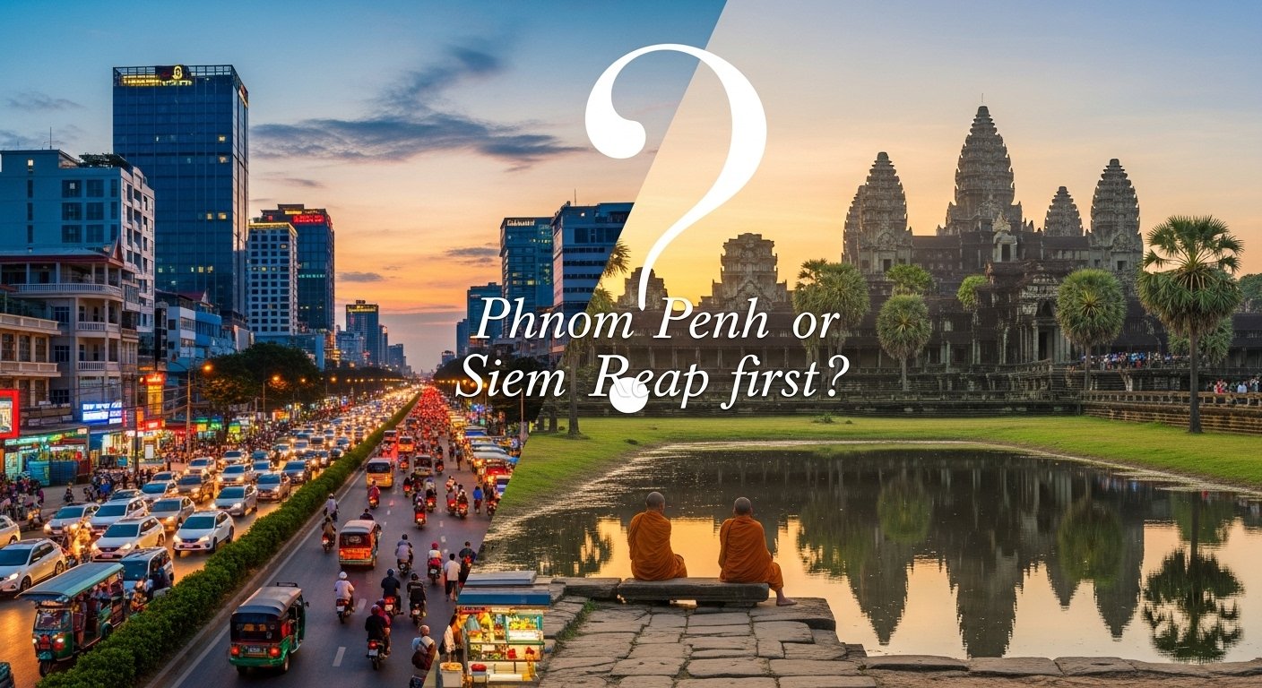 A side-by-side comparison of Phnom Penh's bustling cityscape with the serene, ancient temples of Siem Reap, highlighting the question of 'Phnom Penh or Siem Reap first' for a traveler deciding their Cambodian adventure. Photorealistic, vibrant colors.