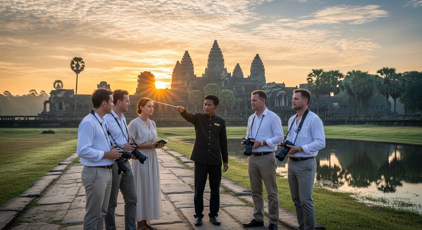 A small group enjoying an Exclusive Temple Tour at sunrise over Angkor Wat, guided by an expert, symbolizing a premier Siem Reap luxury hotel experience.