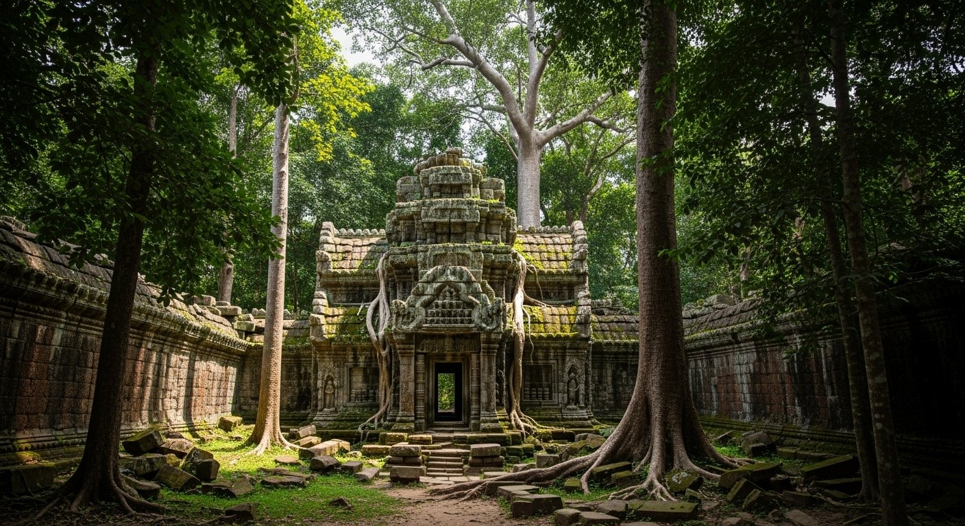 A small, weathered temple amidst dense jungle foliage, conveying the peaceful seclusion of Ta Nei and the spirit of Angkor Wat off the beaten path.