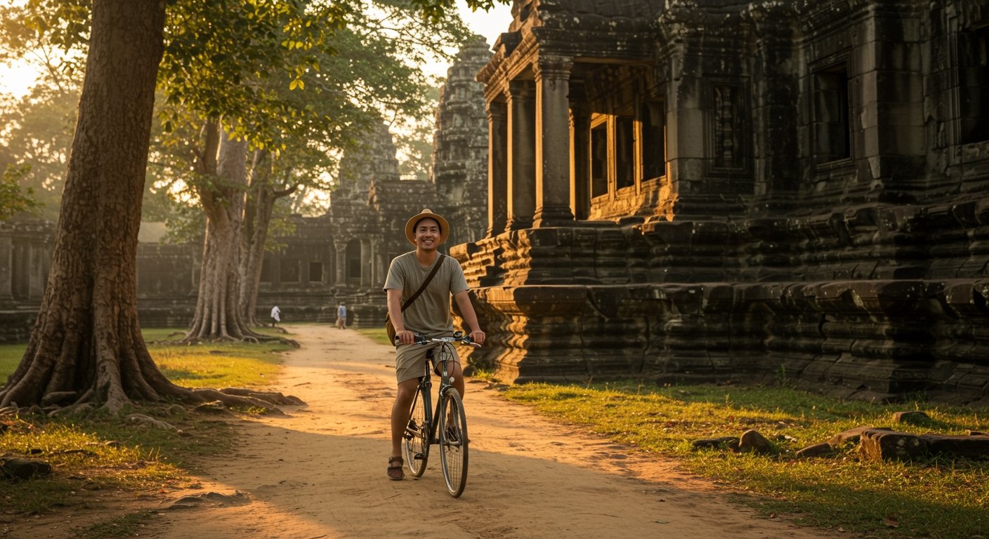 A solo traveler on a bicycle exploring a quiet path leading to an Angkor temple, illustrating how to avoid crowds Angkor Wat independently.