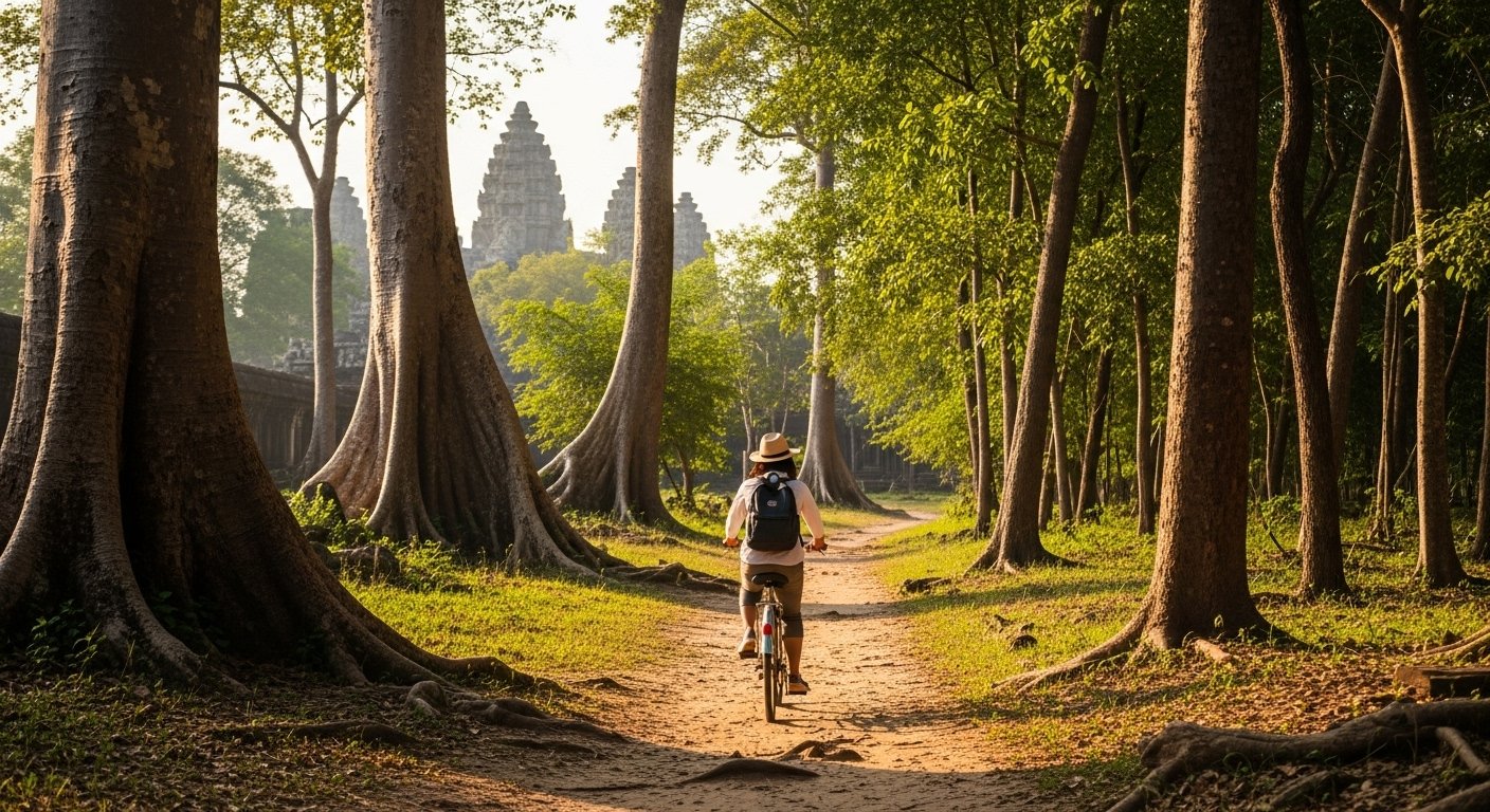 A student cycling through a quiet, tree-lined path within Angkor Archaeological Park, highlighting eco-friendly exploration of Angkor Wat off the beaten path.