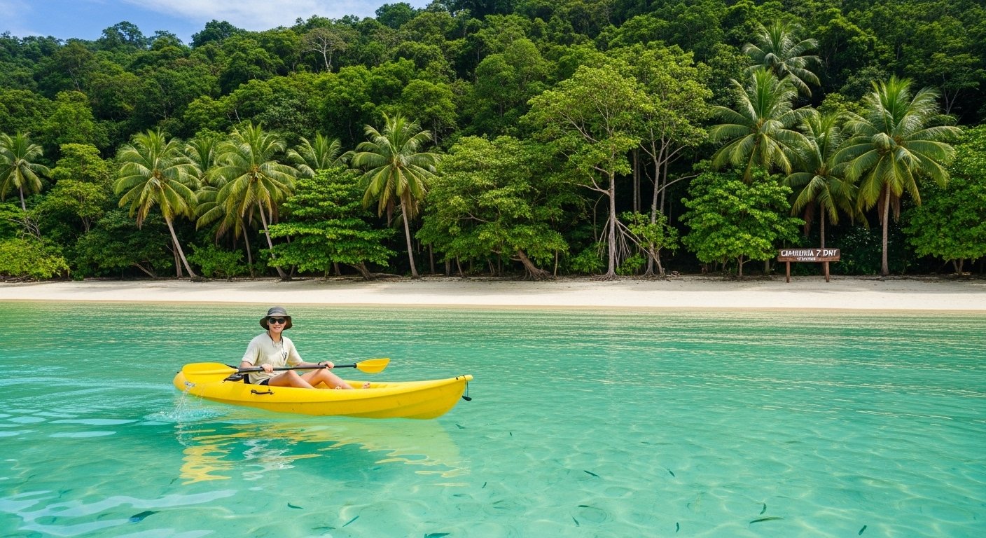 A student kayaking in the clear turquoise waters off a pristine beach on Koh Rong, Cambodia, with lush green jungle in the background, representing a Cambodia 7 day itinerary.