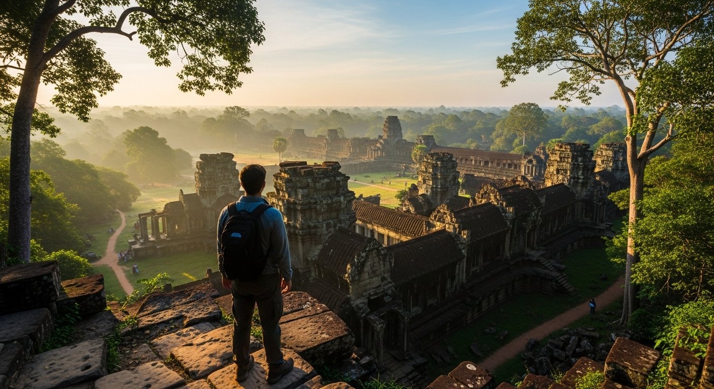 A student looking out over a vast, quiet landscape of ancient temple ruins at Angkor, emphasizing the profound experience of discovering Angkor Wat off the beaten path.