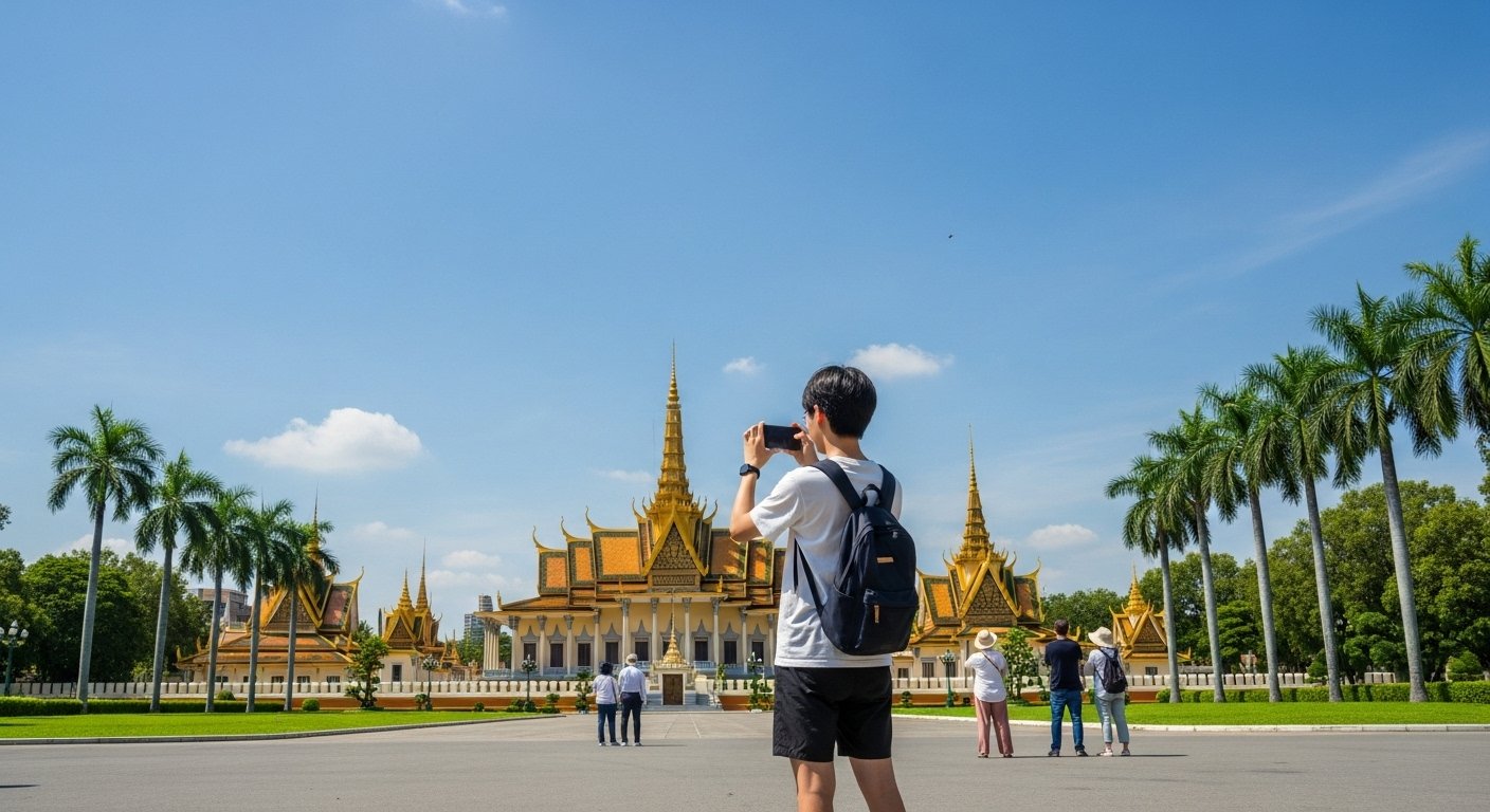 A student taking a photo of the Royal Palace in Phnom Penh, Cambodia, with its distinctive spires and intricate architecture under a clear blue sky, as part of a Cambodia 7 day itinerary.
