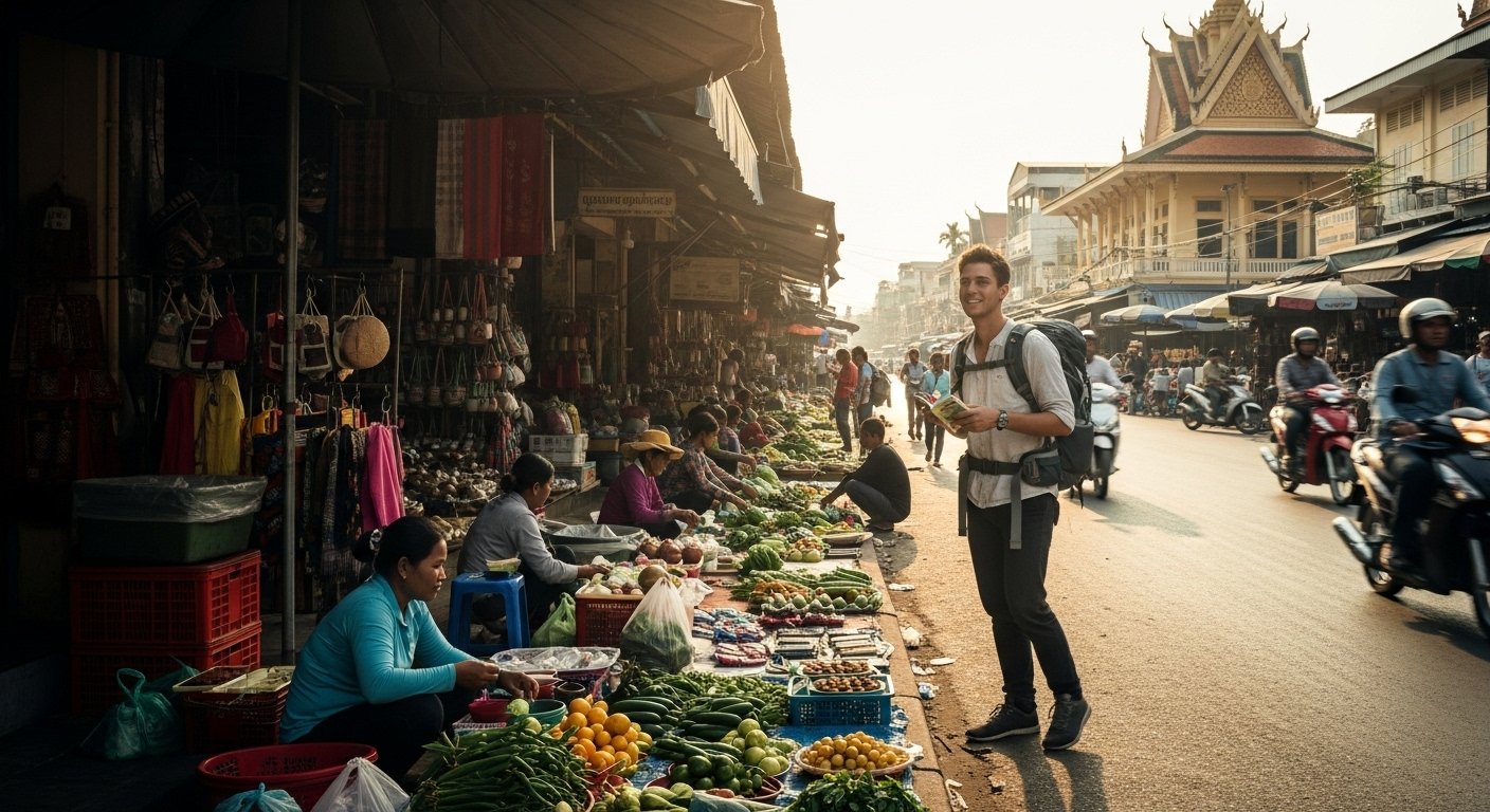 A student traveler exploring a vibrant street market in Phnom Penh, Cambodia, surrounded by local vendors and colorful goods, as part of a Cambodia 7 day itinerary.