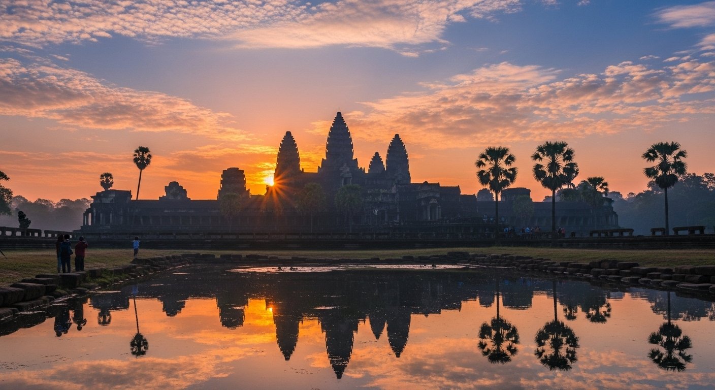 A stunning sunrise over Angkor Wat, showcasing this ancient site as an unforgettable Angkor Wat travel destination with its iconic silhouetted temples.