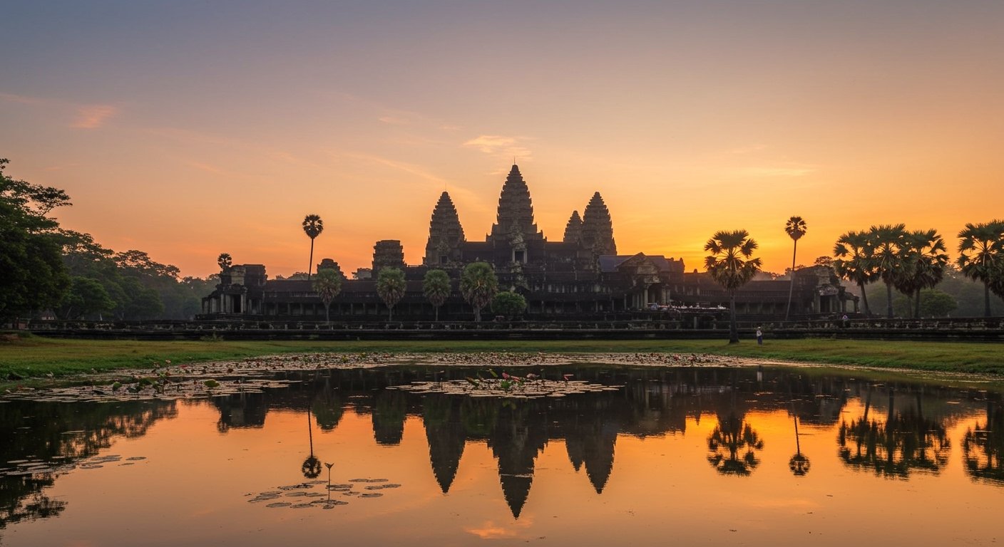 A stunning wide shot of Angkor Wat at sunrise, with the iconic towers reflected in the water, showcasing the beauty of the Angkor Wat itinerary. Photorealistic.