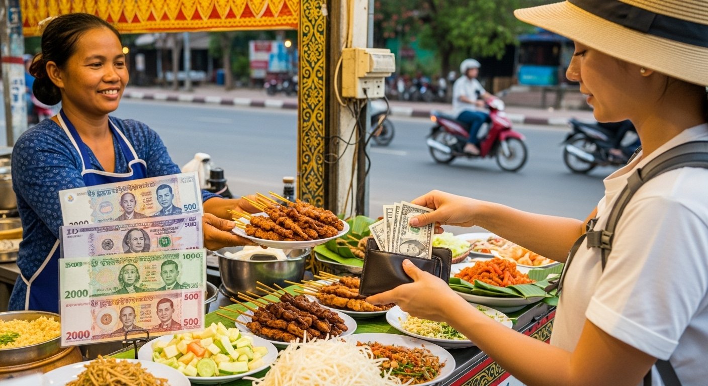 A tourist buying street food from a vendor in Siem Reap, with both Cambodian Riel and US Dollar notes visible for payment, illustrating practical Cambodian currency for tourists use. Photorealistic.